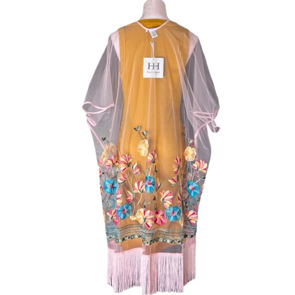 Haute Hippie Pink Mesh Floral Embroidered Fringe Boho, Festival Kimono, OS. NWT! - Picture 12 of 16